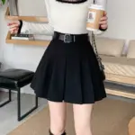 Vintage Winter Pleated Mini Skirt Women Streetwear High Waist Woolen Cute Skater Skirts With Shorts Belt Grey Black Skirt Woman - Image 6