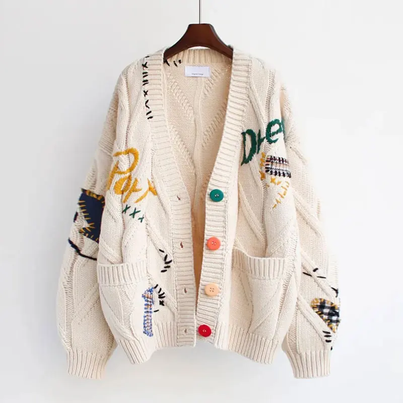 kf-S1c854307ce8a4300a61d65a1a68b1a92z Embroidery Patchwork High Street Thick Knit V-Neck Women's Cardigan Sweater Single Breasted Cardigan For Women Clothing Winter - Image 1