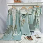 5pcs Floral Print Long Sleeve Robe Cami Dress Cami Top Ruffle Hem Shorts Simple Pajamas Sets for Women - Image 5