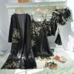 5pcs Floral Print Long Sleeve Robe Cami Dress Cami Top Ruffle Hem Shorts Simple Pajamas Sets for Women - Image 3