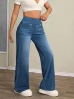 Women's high-rise wide-leg jeans with tummy tuck, slim fit, made from stretch denim fabric, are stylish for casual everyday wear - Image 4