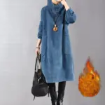 Women Autumn Winter Dress New Retro Corduroy Vestidos Add Velvet High Neck Dress Mid-Length Loose Pullover Sweater Female 2025