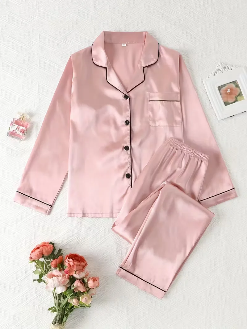 kf-S3bc3f4e3171141bb864639edd3814eb3y Women Autumn Winter Silk Pajamas Set Casual Soft Breathable and Relaxed Fit Long Shirt Tops and Long Pants Sleepwear - Image 1