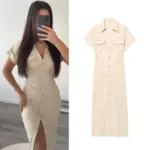 ETJ 2025 summer new women's elegant fashion waist pleated V-neck short-sleeved temperament denim MIDI dress