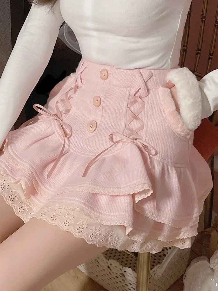 kf-S8e590e2de127499ea1a95d2122c13a64L Japanese Kawaii Lolita Mini Skirt Women Winter Lace Casual Elegant Sweet Female Skirt High Waist Bandage Korean Skirt 2024 New - Image 1