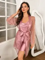 Hot-selling solid-color polyester nightgown lace see-through robe for women 2pcs set - Image 2