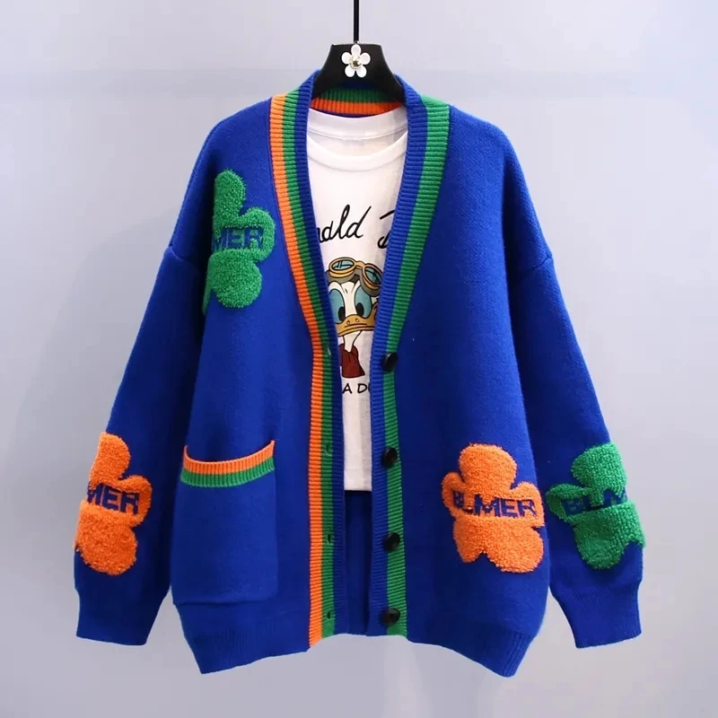 kf-Sd1dc26b151214e989f9897e2d42927b89 Blue Acrylic Knit V-Neck Letter Flower Casual Women's Cardigan Sweater Single Breasted Cardigan For Women Clothing Thick Winter - Image 1