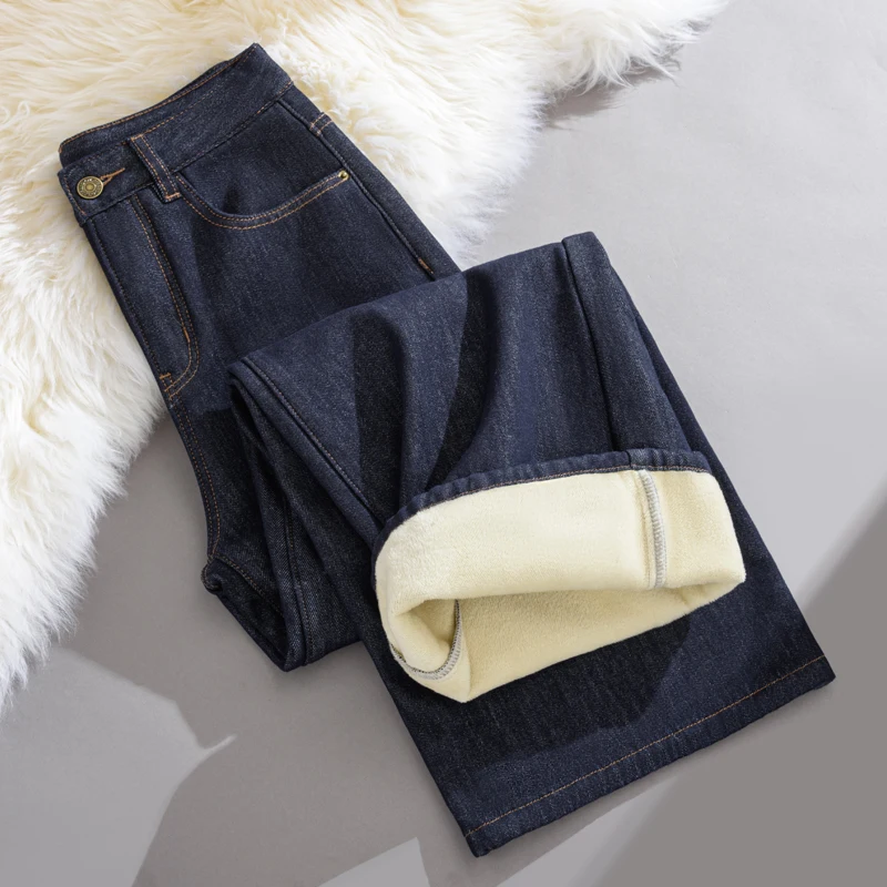 kf-Sdad16f7e6efb426f9231561921ca3384r Winter Fleece Lined Jeans for Woman Y2k Pants 2025 Wide Leg Blue Loose Straight Trousers Pear Shape Body Comfort Fashion Trend - Image 1