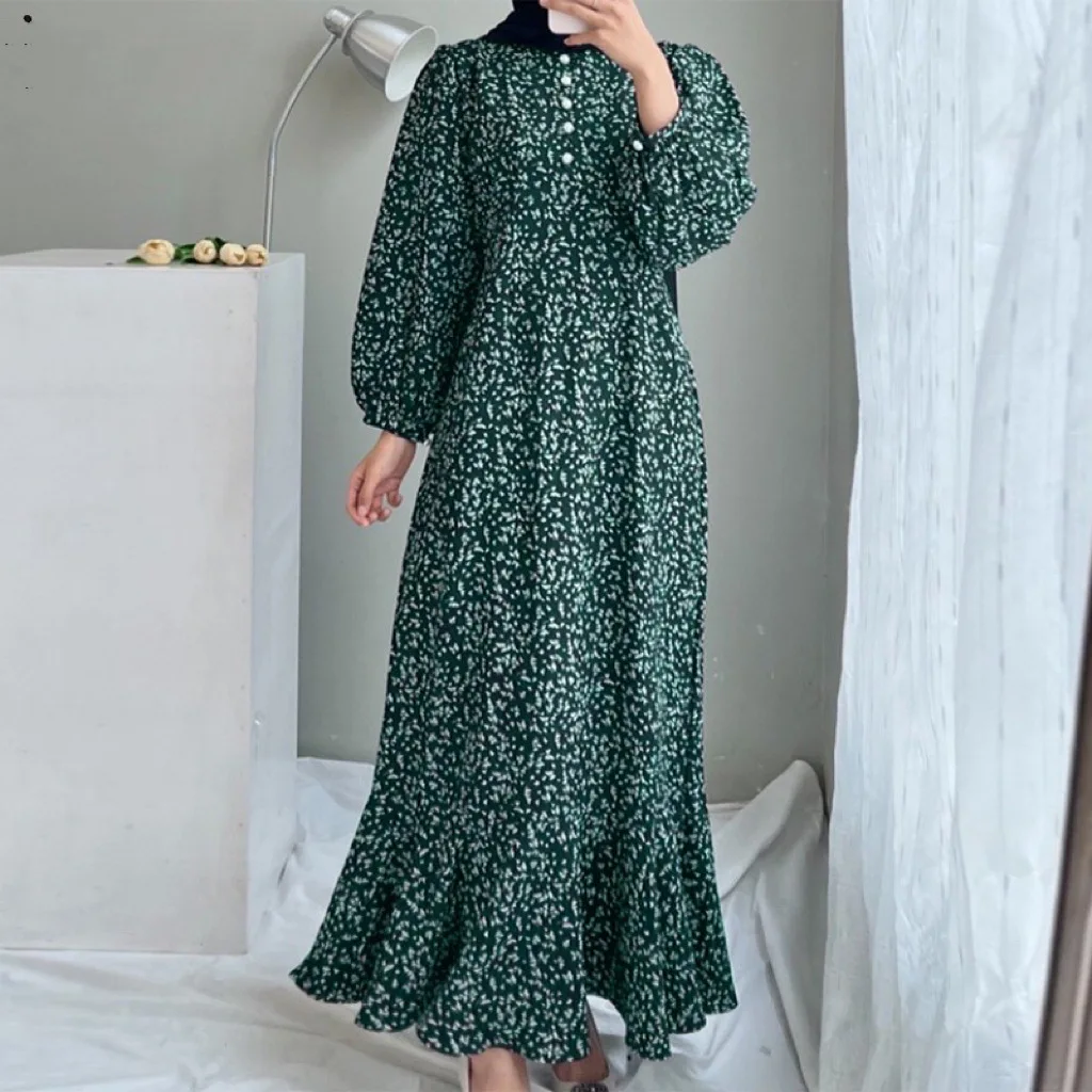kf-Sdc5e997ae293415ab8bde92761d8bb50b Women Fashion Loose Printed Long Sleeve O Neck Muslim Abaya Dress Vintage Ruffles Hem Sundress Robe Femme Turkey Vestido Kaftan - Image 1