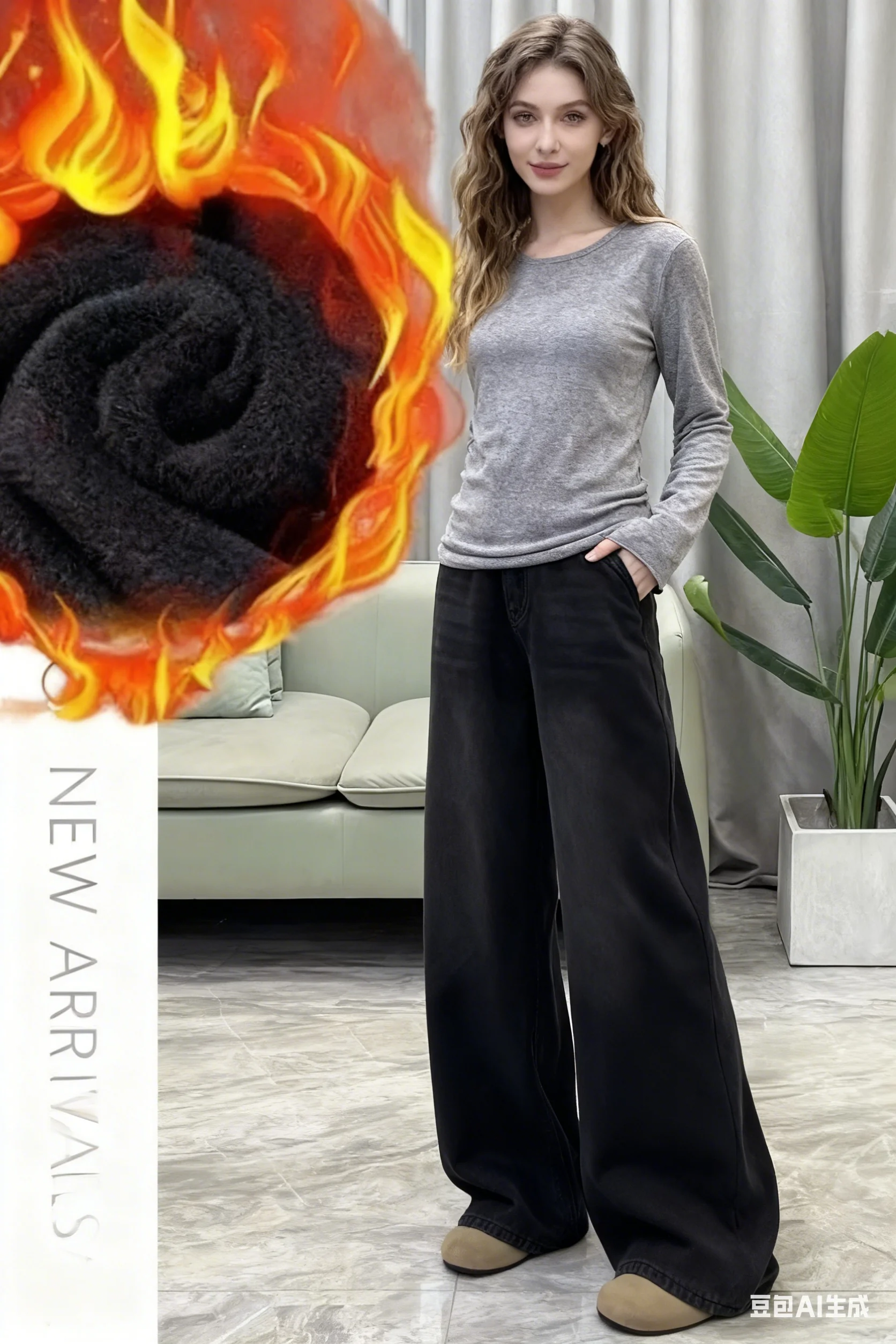kf-Sdfd81b0352e54b60b5cdaecec3021041u Womens Jeans Y2k Jeans Flared Trousers Black Gray Straight Leg Winter Warm Fleece Lined Loose Fit High Waist Wide Leg Fashion - Image 1